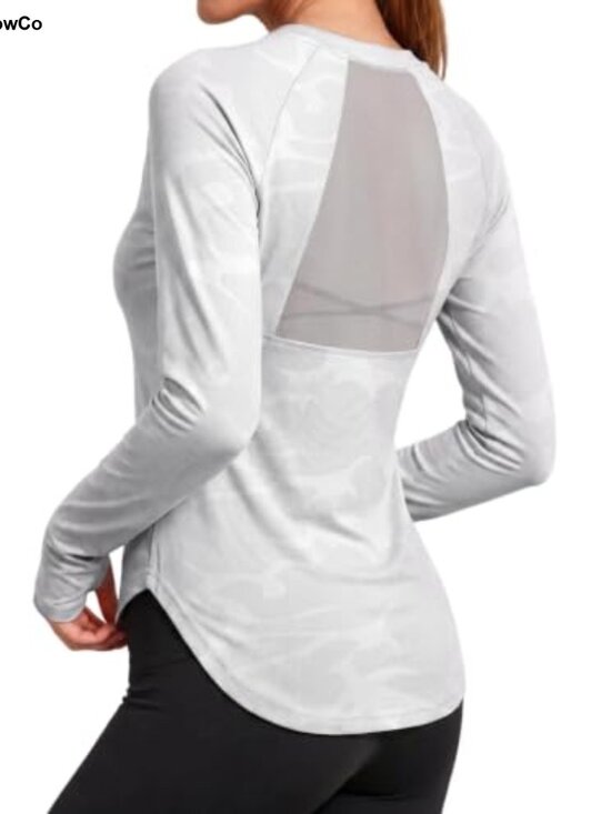 Tops - Women's Mesh Open Back Long Sleeve T-Shirt Camo Print Athletic Top